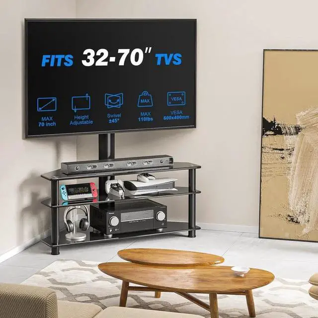 Alt view image 6 of 6 - Corner Swivel Glass TV Stand with Mount for 32-70 Inch Screen TV up to 110lbs, Height Adjust Corner TV Stand with Mount, Entertainment Center with TV Mount and 3-Tier Storage for AV Media