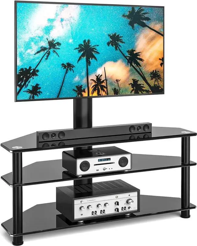 Main image of Corner Swivel Glass TV Stand with Mount for 32-70 Inch Screen TV up to 110lbs, Height Adjust Corner TV Stand with Mount, Entertainment Center with TV Mount and 3-Tier Storage for AV Media