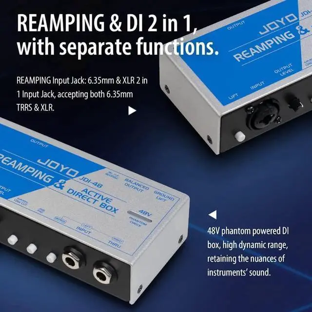 Alt view image 6 of 7 - Passive Reamping and Phantom Powered Active Direct Box, Re-Amping Direct Box with 6.35mm and XLR Input 2 in 1 for Guitarist Bass Performance or Recording (JDI-48)
