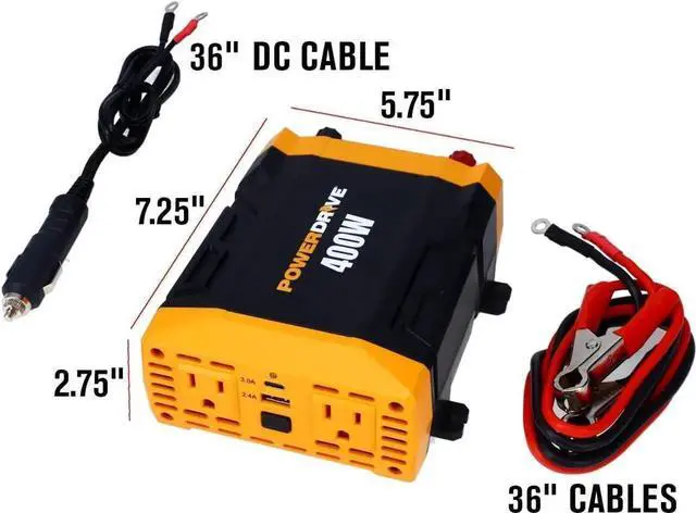 Alt view image 3 of 7 - PWD400 400 Watt Power Inverter 12v DC to 110v AC with 2 Outlets and 2 Ports