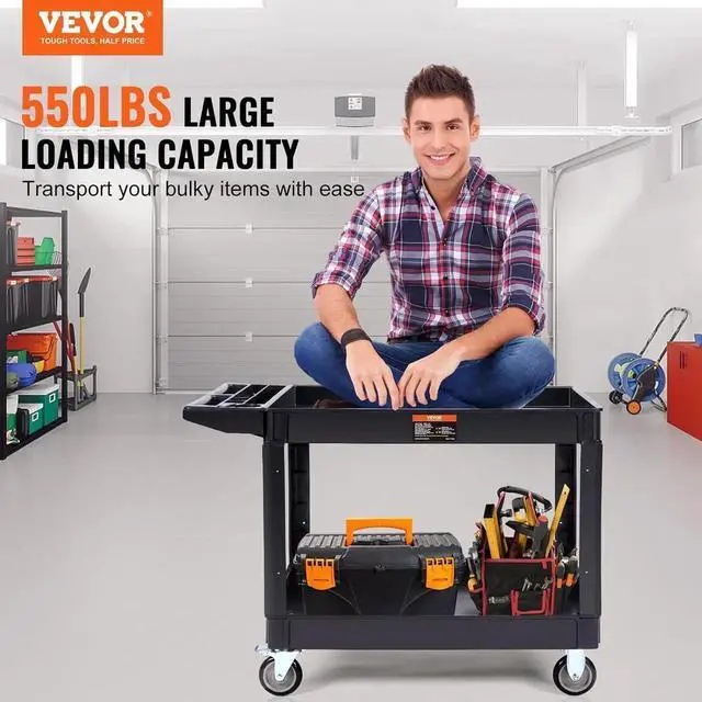 Alt view image 3 of 7 - Utility Service Cart, 2 Shelf 550LBS Heavy Duty Plastic Rolling Utility Cart with 360° Swivel Wheels (2 with Brakes), Large Lipped Shelf, Ergonomic Storage Handle for Warehouse/Garage/Cleaning