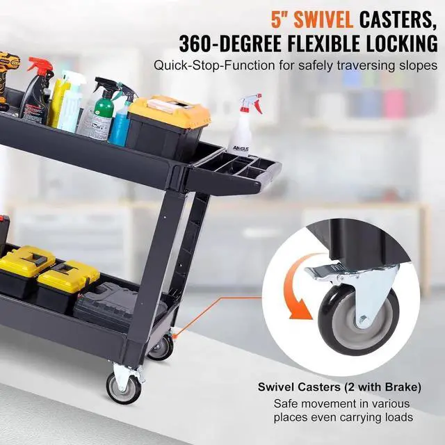 Alt view image 7 of 7 - Utility Service Cart, 2 Shelf 550LBS Heavy Duty Plastic Rolling Utility Cart with 360° Swivel Wheels (2 with Brakes), Large Lipped Shelf, Ergonomic Storage Handle for Warehouse/Garage/Cleaning
