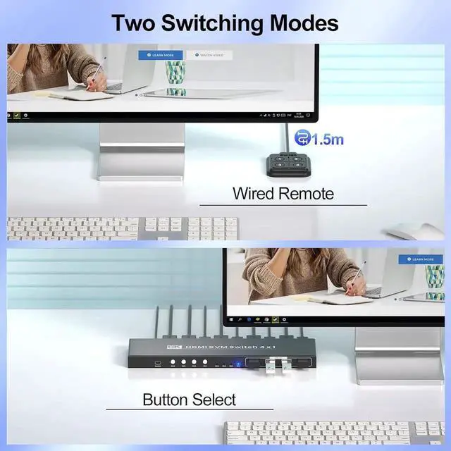Alt view image 5 of 7 - HDMI KVM Switch 1 Monitors 4 Computers, 8K@60Hz 4K@120Hz USB 3.0 4 Port HDMI KVM Switch for 4 PCs Share 1 Set of Keyboard, Mouse and Monitor