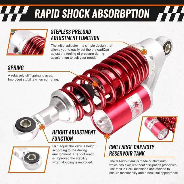 Alt view image 2 of 7 - 280MM 11Inch Motorcycle Round Air Shock Absorbers Universal for Kawasaki for HONDA for Suzuki Street Bike, Red