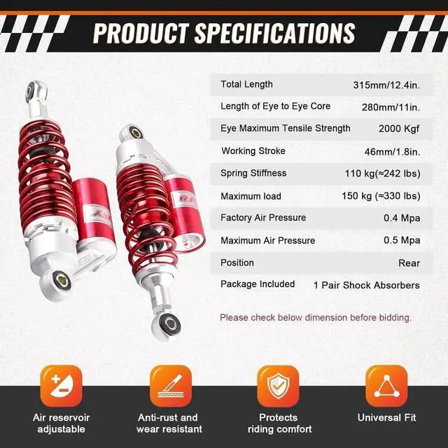 Alt view image 3 of 7 - 280MM 11Inch Motorcycle Round Air Shock Absorbers Universal for Kawasaki for HONDA for Suzuki Street Bike, Red