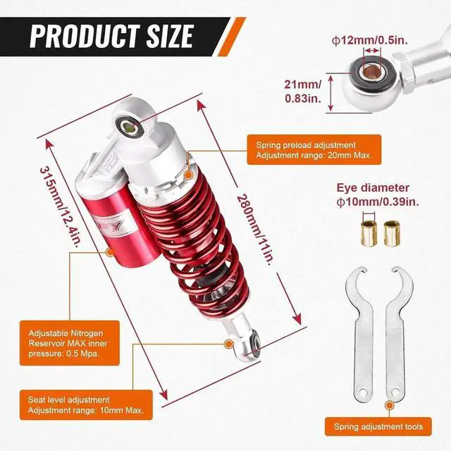 Alt view image 5 of 7 - 280MM 11Inch Motorcycle Round Air Shock Absorbers Universal for Kawasaki for HONDA for Suzuki Street Bike, Red