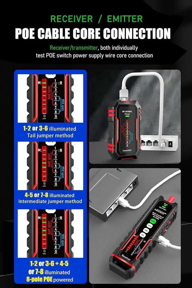 Alt view image 5 of 7 - NF-859MG Network Cable Tester for POE/CAT5/CAT6/CAT3, Phone Line Fault Finder LAN Ethernet Tester RJ45 VFL Continuity Test Network Tools