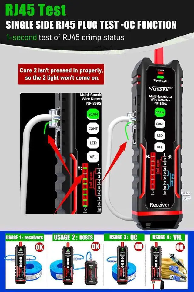 Alt view image 4 of 7 - NF-859MG Network Cable Tester for POE/CAT5/CAT6/CAT3, Phone Line Fault Finder LAN Ethernet Tester RJ45 VFL Continuity Test Network Tools