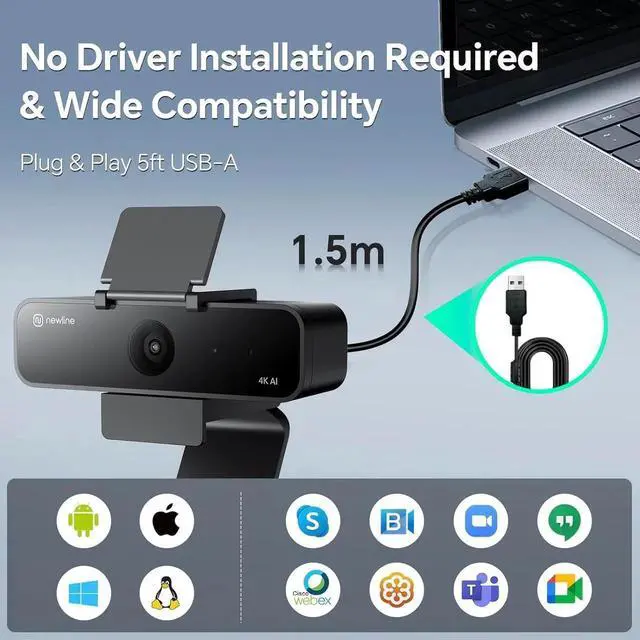 Alt view image 6 of 7 - 4K Webcam with Microphone, AI Presenter Tracking, Gesture Control, 95°/78°/65° FOV, Plug & Play, PC Camera with Privacy Cover for Laptop, Zoom, Teams