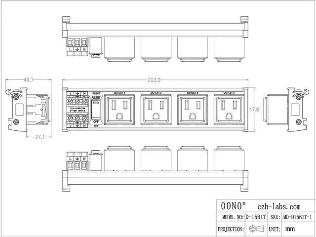 Alt view image 5 of 7 - DIN Rail Mount AC 120V NEMA 5-15R 4 Receptacles Outlet Power Strip Module, with Rocker Switch Thermal Circuit Breaker Overload Protector