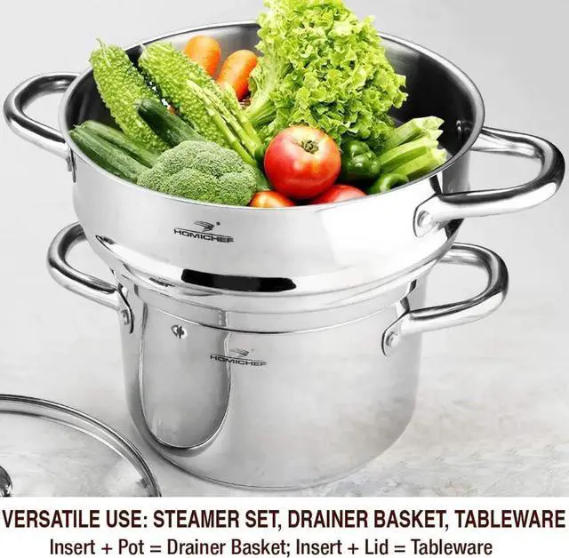 Alt view image 3 of 5 - 3 PCS Whole Food Steamer Set - Nickel Free Stainless Steel Veggie Steam Pot (9.5" Large Vegetable Steamer Insert With Lid, 8" Steam Pot)