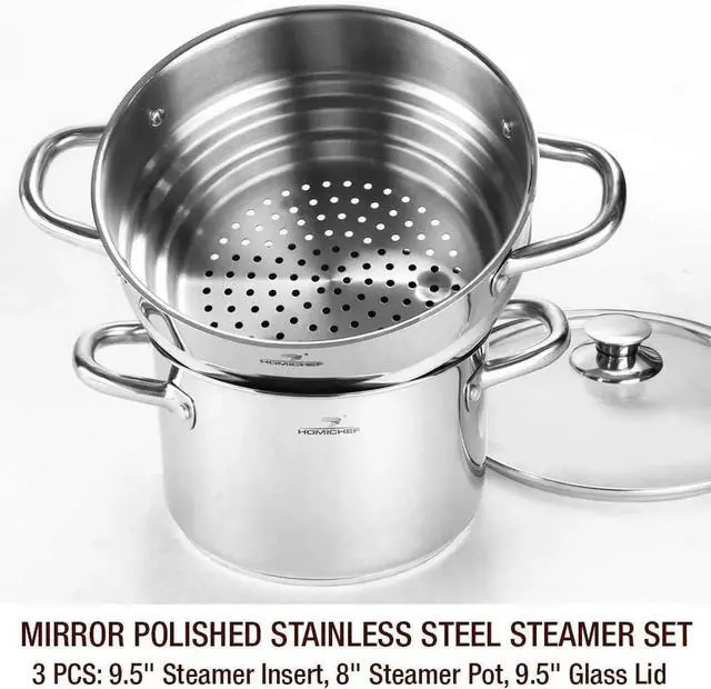 Alt view image 4 of 5 - 3 PCS Whole Food Steamer Set - Nickel Free Stainless Steel Veggie Steam Pot (9.5" Large Vegetable Steamer Insert With Lid, 8" Steam Pot)