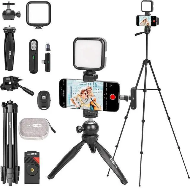 Main image of Upgraded Vlogging Kit w/Wireless Lavalier Microphone,YouTube for iPhone and Smartphone w/59 Retractable Tripod,Automatic Switch Phone Clamp,Content Creator Gear TikTok(Vlog K5) -