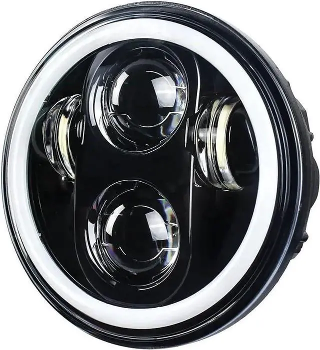 Alt view image 4 of 7 - 8900BH 5-3/4 5.75 Inch Headlight with White Halo Ring Compatible With Harley Davidson and Indian Motorcycles - Generation II/Black Kit