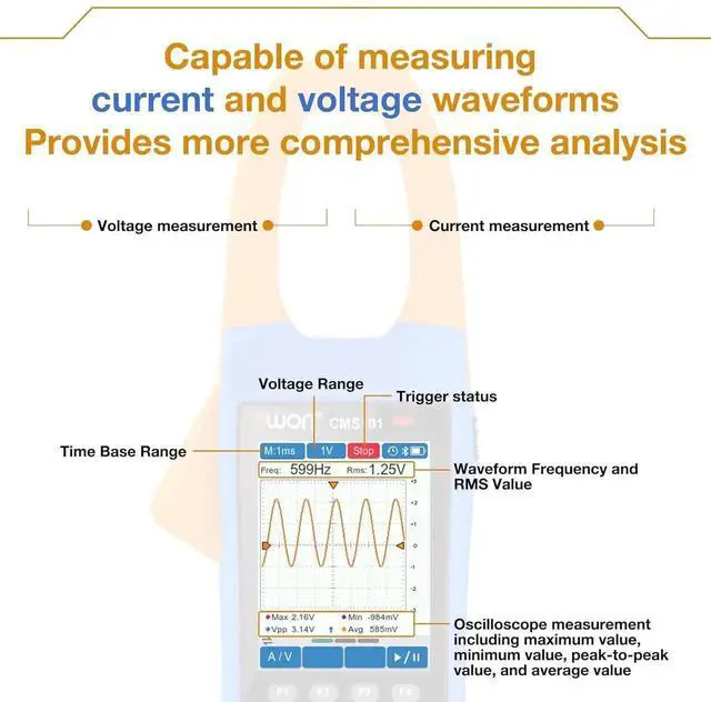 Alt view image 5 of 7 - Clamp Meter 1000V AC/DC Voltage Tester 1000A Current Test with 1MHz Oscilloscope Multimeter 3 in 1 Functions Clamp Meter with 2.8-inch IPS LCD Display ( CMS101)