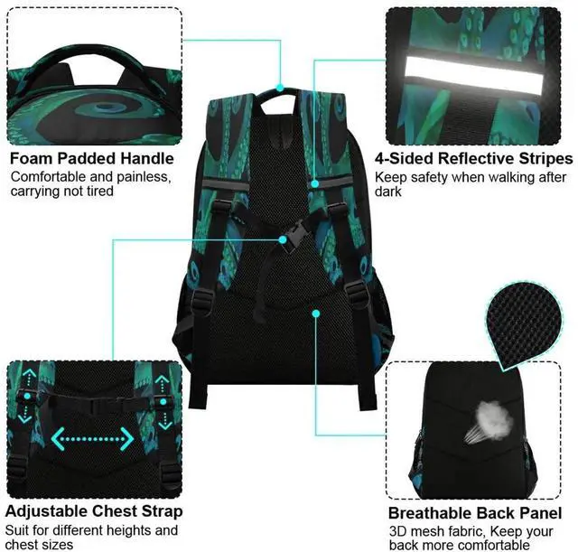 Alt view image 3 of 5 - Blue Watercolor Octopus Backpacks Travel Laptop Daypack School Book Bag for Men Women Teens Kids