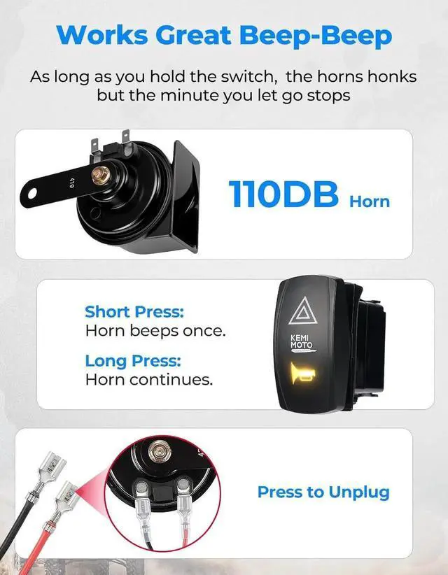 Alt view image 4 of 7 - UTV Turn Signal Kit with 110D Horn, Pre-Wired, Plug and Play UTV ATV Blinker with Rocker Switch, Triangle Universal Street Legal Turn Signals Compatible with , Can-Am, Teryx, CFMOTO