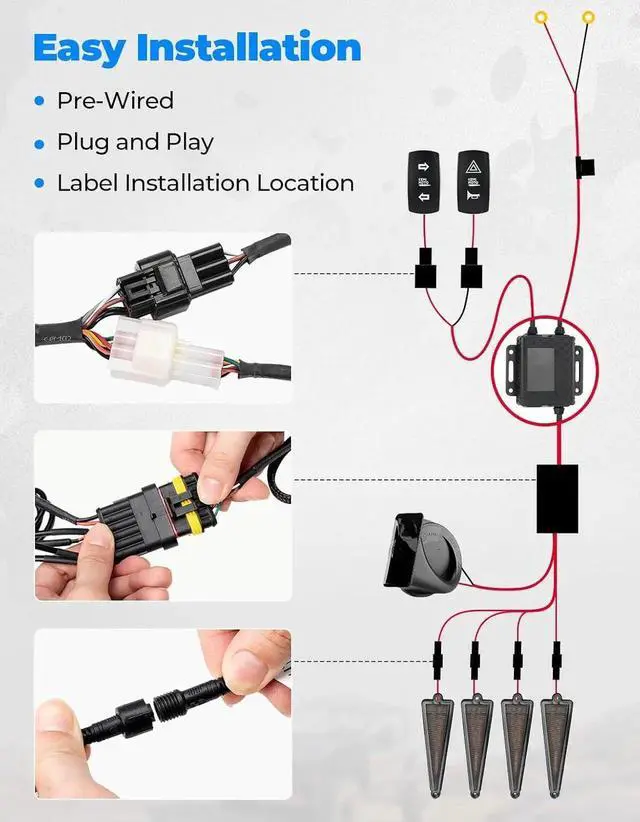 Alt view image 7 of 7 - UTV Turn Signal Kit with 110D Horn, Pre-Wired, Plug and Play UTV ATV Blinker with Rocker Switch, Triangle Universal Street Legal Turn Signals Compatible with , Can-Am, Teryx, CFMOTO