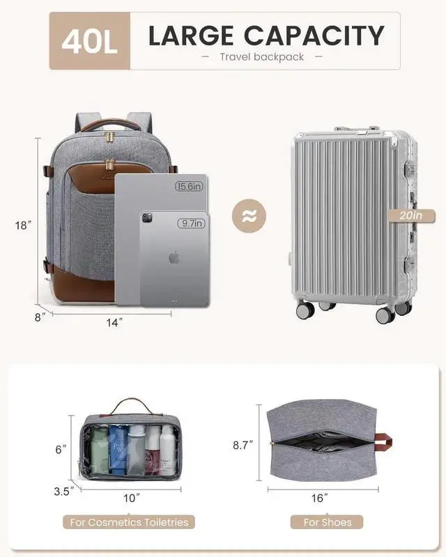 Alt view image 2 of 5 - LOVEVOOK 40L Travel Backpack for Women Men, Large Carry on Backpack for Airplanes TSA Personal Item Travel Bag fits 15.6" Laptop, Waterproof Weekender Essentials Airline Approved with 2 Packing Cubes