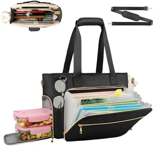 Main image of ahzske Lunch Work Tote Bag for Women with Accordion File Organizer Pocket, 3 in 1 Daily Tote Bag with Insulated Lunch Compartment& 15.6 Inch Laptop Compartment for Business Teacher Nurse (Black)