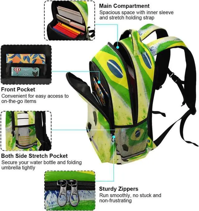 Alt view image 5 of 5 - Vozoza Soccer Ball Of Brazil Backpack for Girls Kids Boys School Bookbags,Student Laptop Backpack Carrying Bag Casual Lightweight Travel Sports Day Packs