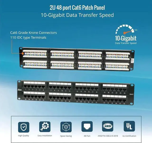 Alt view image 5 of 6 - 48 Port Patch Panel, Cat6 Patch Panel, 2U Patch Panel, Network Patch Panel for 19 inch Rack Mount equipments,10G Support, Unshielded