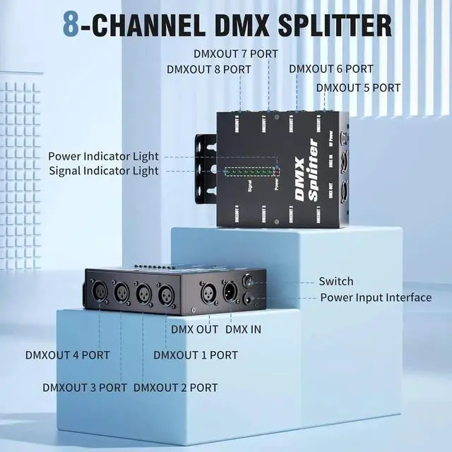 Alt view image 2 of 7 - 8-Way Isolated DMX512 Splitter Amplier Distributor with 3-Pin Outputs XLR Signal Amplier Transmitter Receiver for DJ Party LED Stage Lighting