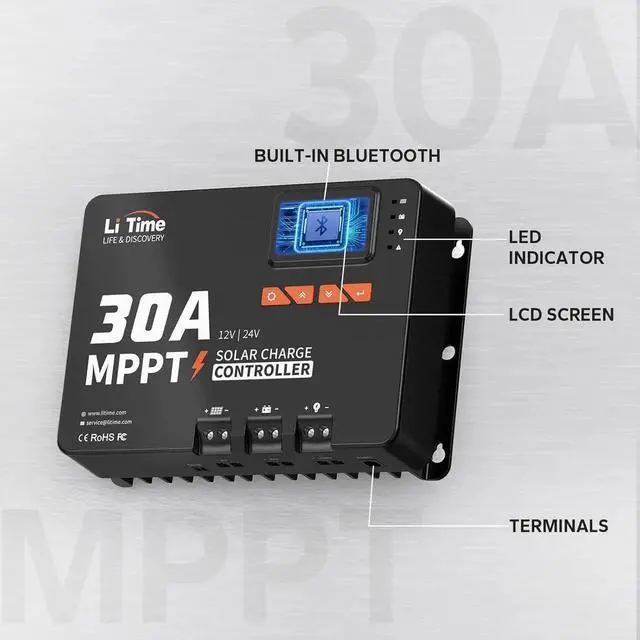Alt view image 4 of 7 - 30 Amp MPPT 12V/24V/Auto DC Input Solar Charge Controller Build-in Bluetooth Module, Parameter Adjustable LCD Display LED Indicators Solar Panel