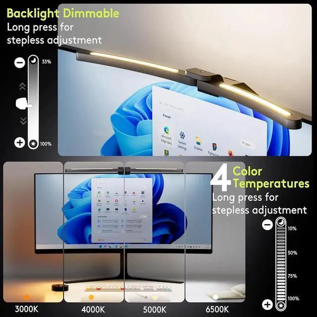 Alt view image 7 of 7 - 1000R Curved Monitor Light Bar, Dual Adjustable Led Desk Lamp with Remote - Independently Rotate 2 LED Arc-Shaped Light Bars Specially Designed for Curved and 34'' Large Screen