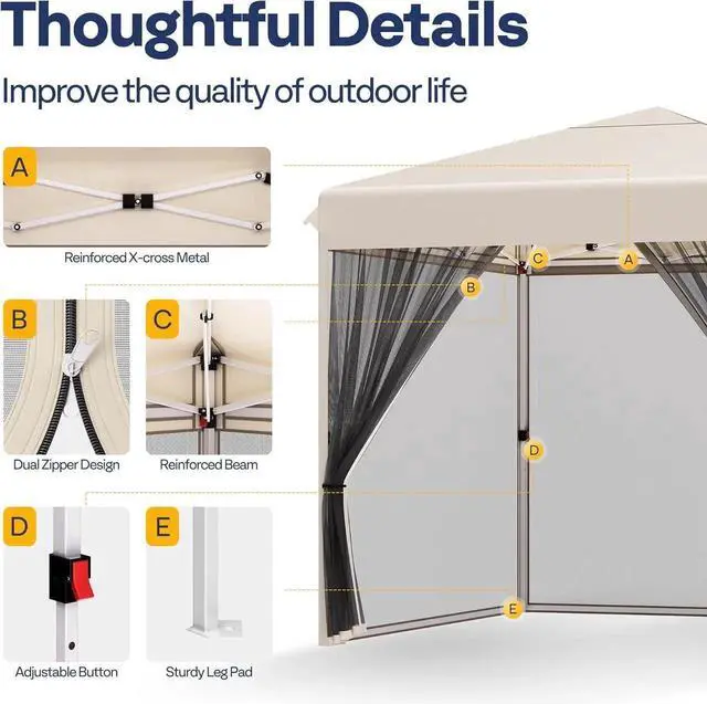 Alt view image 3 of 7 - 8x8ft Easy Pop-Up Canopy, Outdoor Screen Tent with Mosquito Netting, 2 Zipper Doors, and Roller Bag for Yard Camping Picnic Party Events, Beige