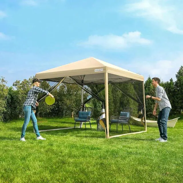 Main image of 8x8ft Easy Pop-Up Canopy, Outdoor Screen Tent with Mosquito Netting, 2 Zipper Doors, and Roller Bag for Yard Camping Picnic Party Events, Beige