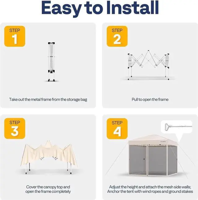 Alt view image 6 of 7 - 8x8ft Easy Pop-Up Canopy, Outdoor Screen Tent with Mosquito Netting, 2 Zipper Doors, and Roller Bag for Yard Camping Picnic Party Events, Beige
