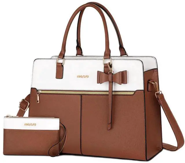 Main image of MOSISO Laptop Tote Bag for Women, 15.6 inch Waterproof PU Leather Work Bag with Clutch Purse & Bowknot, Large Capacity Handbag Shoulder Computer Bags Work Briefcase for Business Teacher Office, Brown