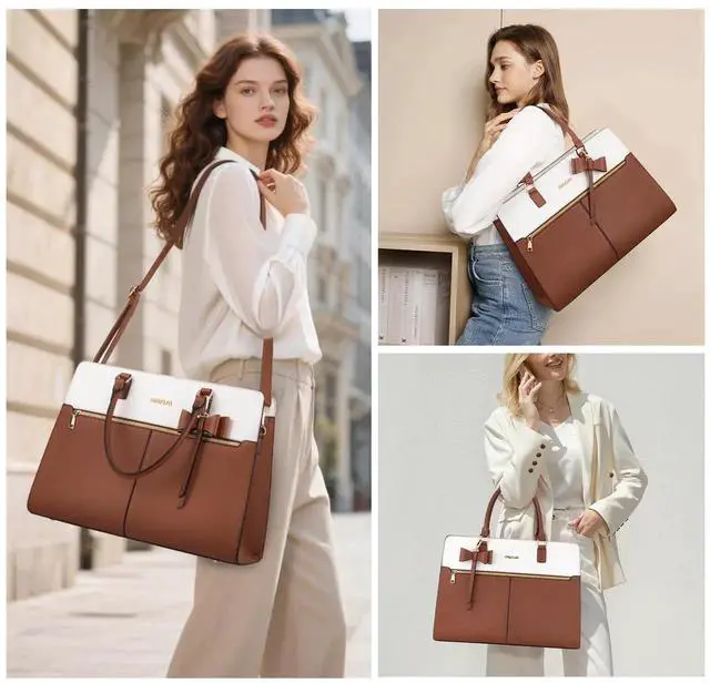 Alt view image 2 of 5 - MOSISO Laptop Tote Bag for Women, 15.6 inch Waterproof PU Leather Work Bag with Clutch Purse & Bowknot, Large Capacity Handbag Shoulder Computer Bags Work Briefcase for Business Teacher Office, Brown