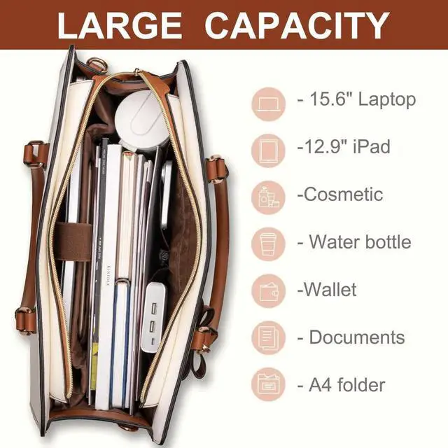 Alt view image 4 of 5 - MOSISO Laptop Tote Bag for Women, 15.6 inch Waterproof PU Leather Work Bag with Clutch Purse & Bowknot, Large Capacity Handbag Shoulder Computer Bags Work Briefcase for Business Teacher Office, Brown