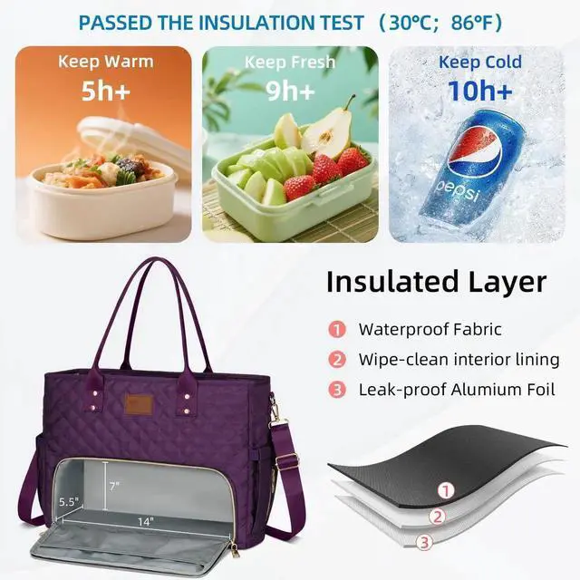 Alt view image 2 of 5 - KKXIU Lunch Tote Bag for Teacher & Nurse, 15.6 Inch Laptop Tote with Insulated Lunch Box Pocket for Women, Professional Computer Work Bag for School, Office, Nursing - Purple