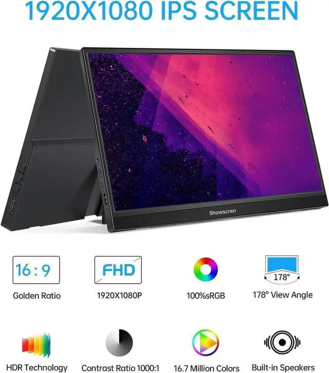 Alt view image 3 of 7 - Portable Monitor 14 Inch Touchscreen Monitor, HDR IPS FHD 1920x1080 300cd/m² 10 Point Touch Display, USB C+HDMI+USB, Portable Screen for Laptop/PC/Mac/Xbox/PS4/5 Switch,Dual Speakers,VESA