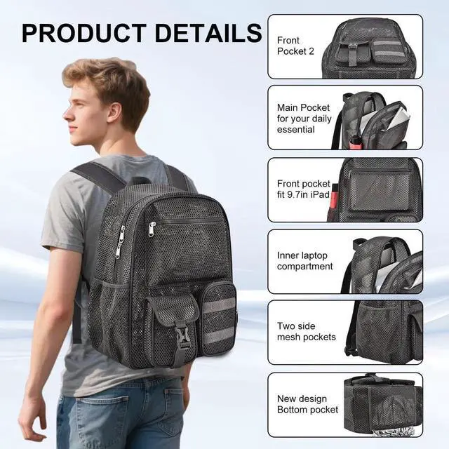 Alt view image 5 of 5 - Mesh Backpack for School, 25L Large Heavy Duty mesh backpacks for Adults Girls Boys Kids with Inner Laptop Compartment, mesh Schoolbag for Outdoor Hiking Beach(Charcoal Gray, Small)