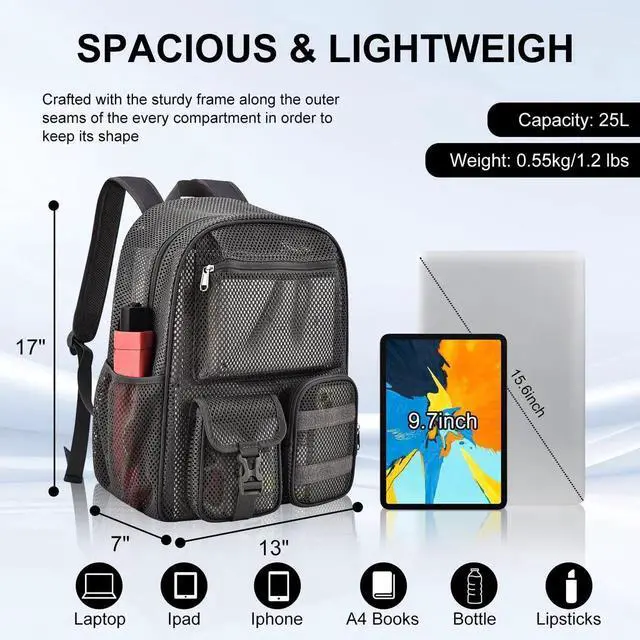 Main image of Mesh Backpack for School, 25L Large Heavy Duty mesh backpacks for Adults Girls Boys Kids with Inner Laptop Compartment, mesh Schoolbag for Outdoor Hiking Beach(Charcoal Gray, Small)