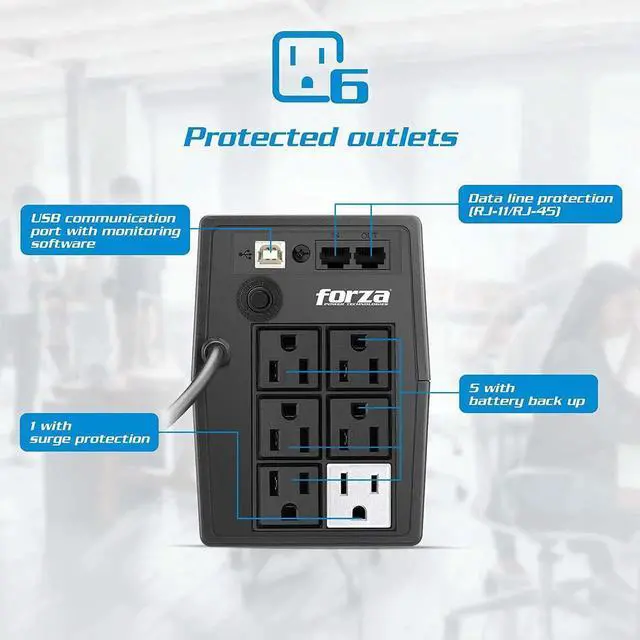 Alt view image 5 of 5 - Smart UPS Battery Backup & Surge Protector with 6 Outlets by Forza | 600VA (360W) Interactive Surge Protector with Emergency Battery Backup Power Supply and AVR LCD Touchscreen