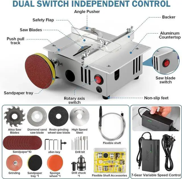 Alt view image 7 of 7 - Mini table Saw,mini Table Saws for Crafts, Mini Multi Functional Table Saw, Dual-motor control for cutting, grinding,engraving and drilling.Speed & Angle Adjustable,for Wood/PCB/Acrylic/Plastic