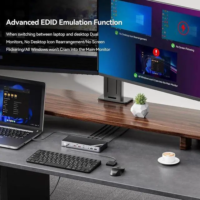 Alt view image 4 of 7 - Dual Monitor KVM Switch Docking Station for Laptop & Desktop - with 4K@60Hz HDMI,15W Charge, EDID, 5 USB A USB-C, Audio, for Thunderbolt 5/4/3, USB-C Windows Laptops(Not Support MacBook)
