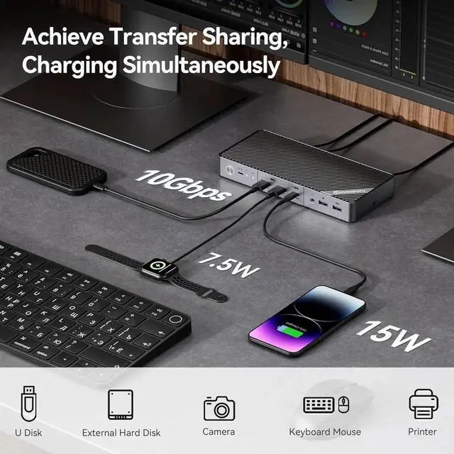 Alt view image 5 of 7 - Dual Monitor KVM Switch Docking Station for Laptop & Desktop - with 4K@60Hz HDMI,15W Charge, EDID, 5 USB A USB-C, Audio, for Thunderbolt 5/4/3, USB-C Windows Laptops(Not Support MacBook)