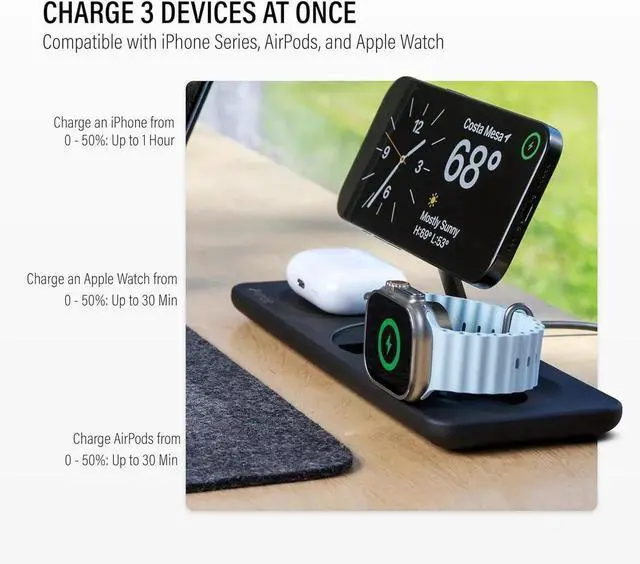 Alt view image 7 of 7 - Podium 3-in-1 Wireless Charging Station for Apple, Qi2-Certified 15W Magsafe Charger Stand, Wireless Charger for iPhone 16 15 14 13 12 - Apple Watch - Airpods Series (Charger & USB-C Included)