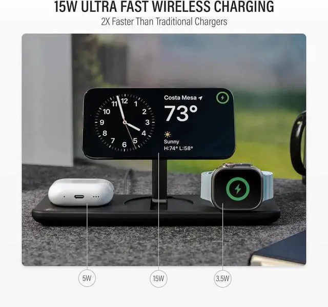 Alt view image 2 of 7 - Podium 3-in-1 Wireless Charging Station for Apple, Qi2-Certified 15W Magsafe Charger Stand, Wireless Charger for iPhone 16 15 14 13 12 - Apple Watch - Airpods Series (Charger & USB-C Included)