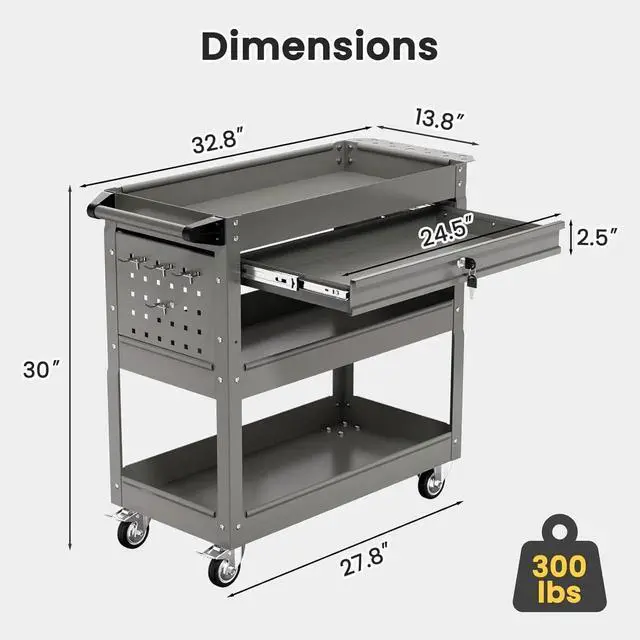 Alt view image 4 of 7 - 3-Tier Tool Cart, Heavy Duty Utility Cart on Wheels, 330Lb. Load, Mechanic Tool Storage with Drawers, Metal Rolling Tool Cart, for Warehouse, Garage Storage, The Repair Shop (Grey)