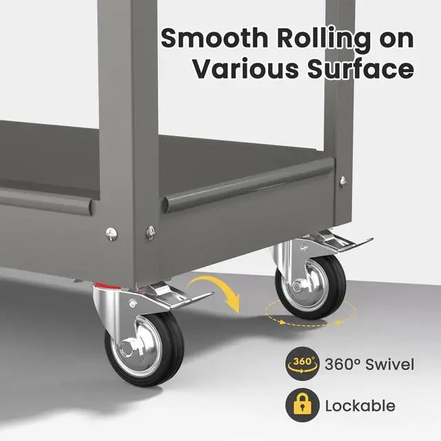 Alt view image 5 of 7 - 3-Tier Tool Cart, Heavy Duty Utility Cart on Wheels, 330Lb. Load, Mechanic Tool Storage with Drawers, Metal Rolling Tool Cart, for Warehouse, Garage Storage, The Repair Shop (Grey)