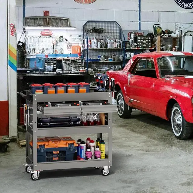 Alt view image 6 of 7 - 3-Tier Tool Cart, Heavy Duty Utility Cart on Wheels, 330Lb. Load, Mechanic Tool Storage with Drawers, Metal Rolling Tool Cart, for Warehouse, Garage Storage, The Repair Shop (Grey)