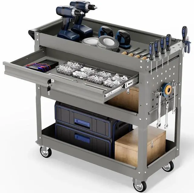Main image of 3-Tier Tool Cart, Heavy Duty Utility Cart on Wheels, 330Lb. Load, Mechanic Tool Storage with Drawers, Metal Rolling Tool Cart, for Warehouse, Garage Storage, The Repair Shop (Grey)