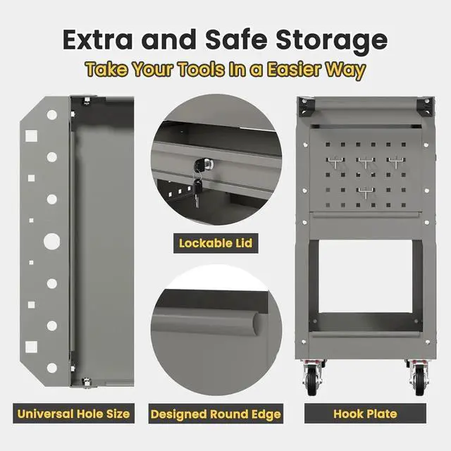 Alt view image 7 of 7 - 3-Tier Tool Cart, Heavy Duty Utility Cart on Wheels, 330Lb. Load, Mechanic Tool Storage with Drawers, Metal Rolling Tool Cart, for Warehouse, Garage Storage, The Repair Shop (Grey)